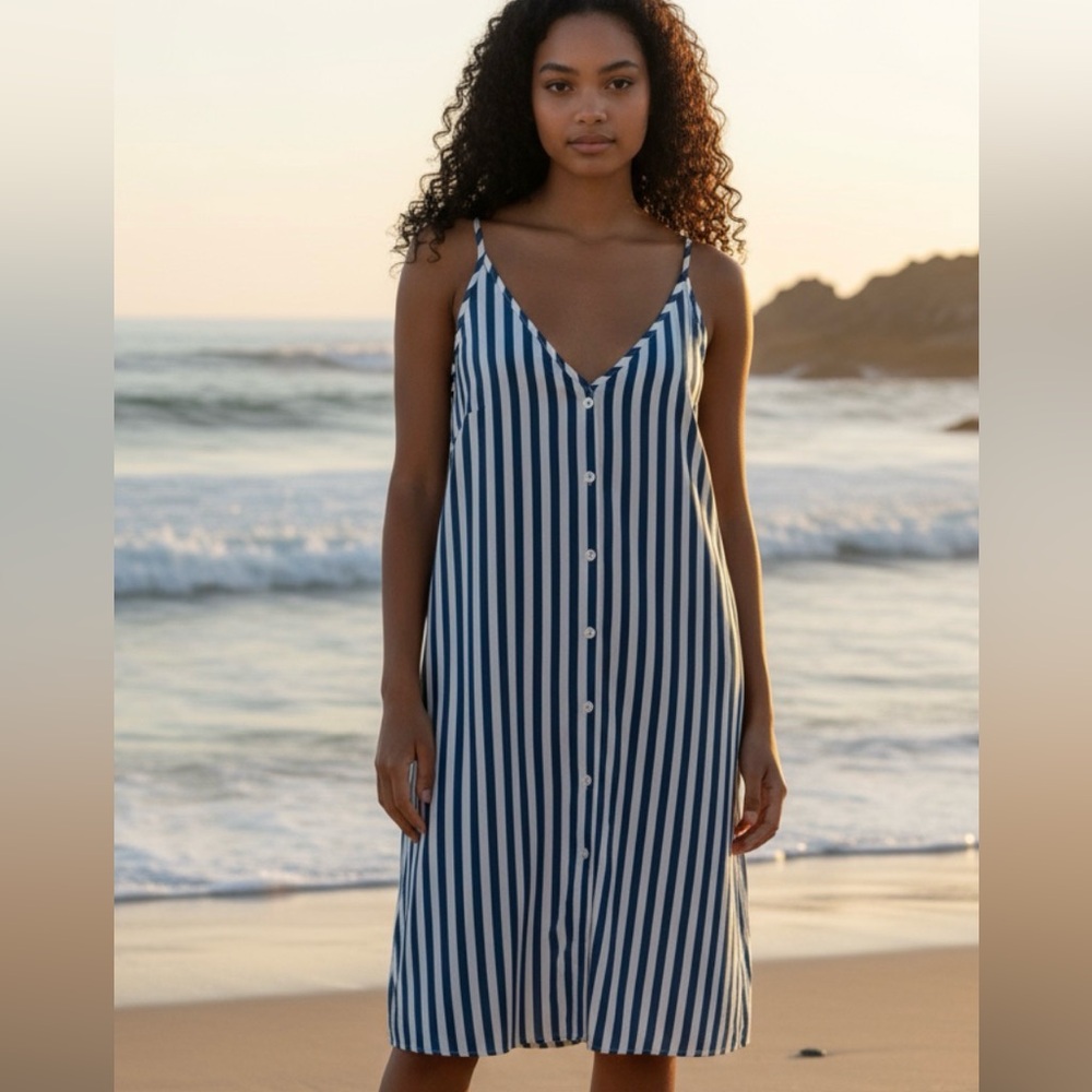 Blue and White Striped Button-Down Dress